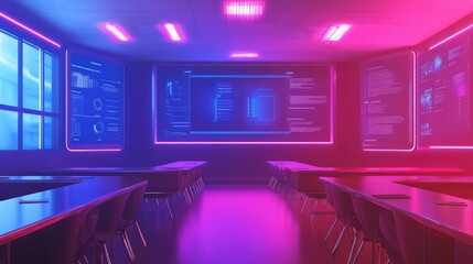 Poster - A digital classroom with virtual reality tools floating and glowing, powered by AI, with ample space for copy.