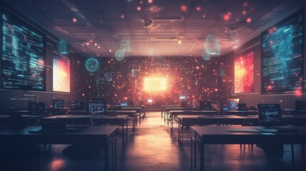 Poster - A digital classroom with virtual reality tools floating and glowing, powered by AI, with ample space for copy.