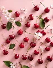 Wall Mural - Sweet cherries and blossoms on pink background.