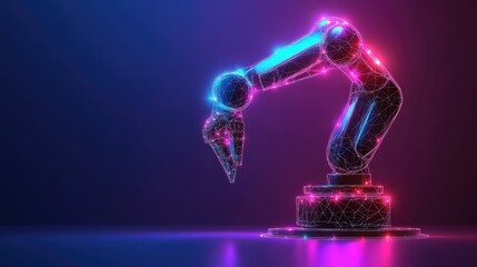 Poster - A digital twin hologram of a robotic arm glowing softly on a gradient background, symbolizing advanced manufacturing innovation. Copy space included.