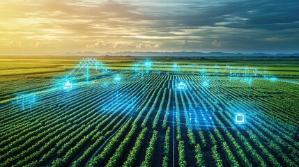 Wall Mural - A futuristic aerial view of a smart farm with interconnected IoT devices monitoring crop health, displayed on a clean gradient background. Spacious copy space surrounds.