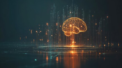 Poster - A futuristic glowing brain hologram interconnected with neural networks on a dark background, symbolizing AI in healthcare. Copy space included.