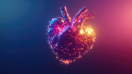Poster - A futuristic glowing human heart interconnected with AI neural networks, displayed on a clean gradient background. Ample clean copy space provided.