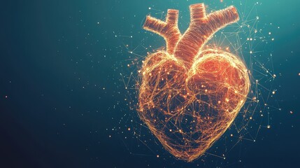 Poster - A futuristic glowing human heart interconnected with AI neural networks, displayed on a clean gradient background. Ample clean copy space provided.
