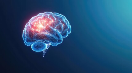 Poster - A futuristic holographic neural network design glowing on a sleek gradient background, symbolizing AI in development. Copy space surrounds.