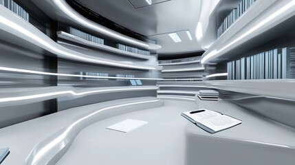 Poster - A futuristic VR classroom setting with floating digital books, AI-driven tools, and space for copy.