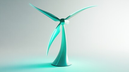 Poster - A futuristic wind turbine with a sleek design glowing in soft green light on a plain white background, providing clean copy space.