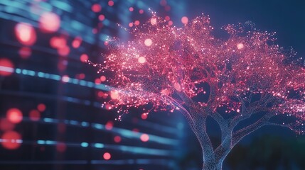 Poster - A glowing AI-powered decision tree with business metrics on a futuristic gradient background, leaving room for copy space.