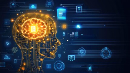 Poster - A glowing circuit board with assistive technology symbols powered by AI, with ample room for copy.