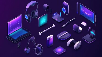 Poster - a glowing digital world with ai-driven assistive devices like hearing aids, mobility devices, with a