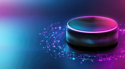 Poster - A glowing edge device surrounded by a network of holographic data streams on a gradient blue background. Left side open for copy space.