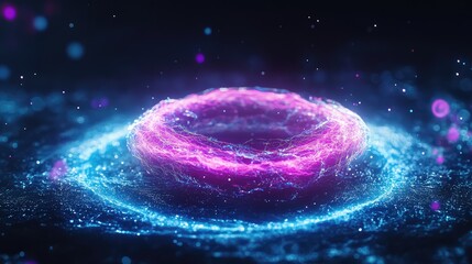 Poster - A glowing holographic DNA strand surrounded by nanotechnology elements on a dark background. Empty copy space in the upper frame.
