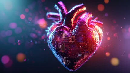 Wall Mural - A glowing holographic human heart with AI data overlays, displayed on a dark gradient background, leaving room for copy space.