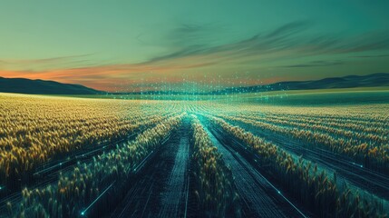 Poster - A glowing holographic representation of a farm field monitored by IoT devices, displayed on a futuristic gradient background. Spacious clean copy space surrounds.