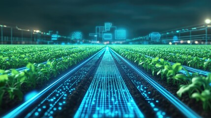 Poster - A glowing holographic representation of a farm field monitored by IoT devices, displayed on a futuristic gradient background. Spacious clean copy space surrounds.