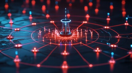 Poster - A glowing holographic representation of a smart irrigation system monitored by AI, displayed on a futuristic dark gradient background. Ample clean copy space provided.