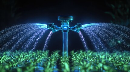 Poster - A glowing holographic representation of a smart irrigation system monitored by AI, displayed on a futuristic dark gradient background. Ample clean copy space provided.