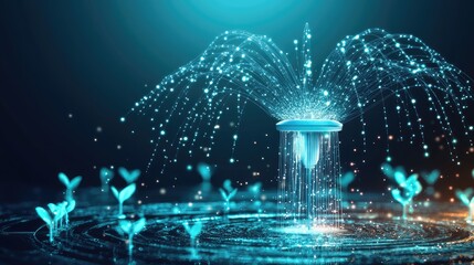 Poster - A glowing holographic representation of smart irrigation systems integrated with AI monitoring, displayed on a futuristic dark gradient background. Spacious clean copy space surrounds.