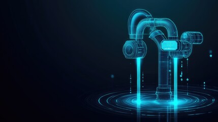 Poster - A glowing holographic representation of a smart irrigation system monitored by AI, displayed on a futuristic dark gradient background. Ample clean copy space provided.