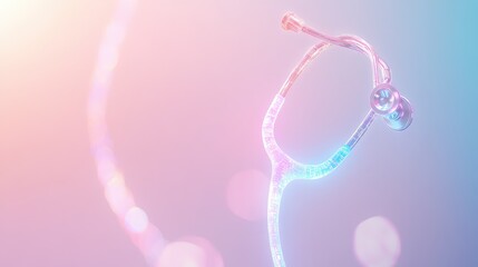Poster - A holographic stethoscope with glowing AI circuits displayed on a clean gradient background, symbolizing healthcare technology advancements. Ample copy space included.