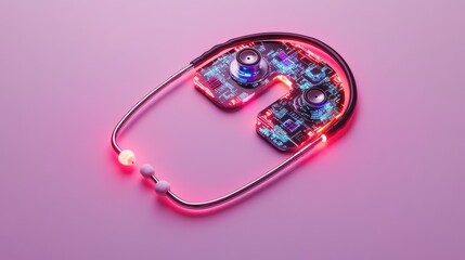 Poster - A holographic stethoscope with glowing AI circuits displayed on a clean gradient background, symbolizing healthcare technology advancements. Ample copy space included.