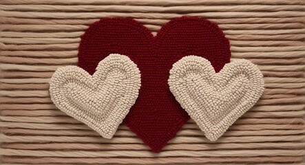 Wall Mural - Crocheted amigurumi red and white 3 heart, knitted fabric handcraft for love, on a fabric pattern background Valentines day Cute banner