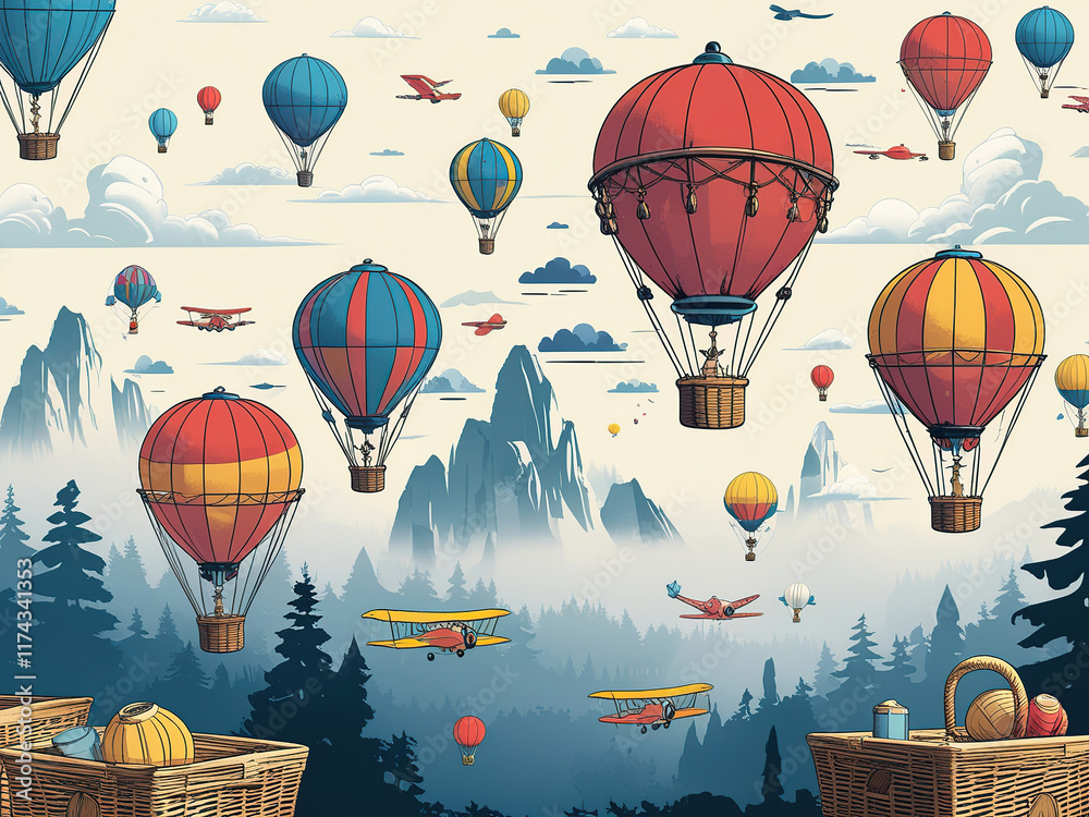 Hot air Balloons and mountains wallpaper mural, kids room illustration ...