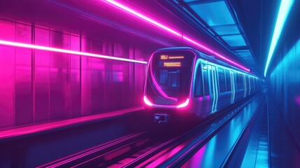 Poster - Fast underground subway train racing through the tunnels. Neon pink and blue light