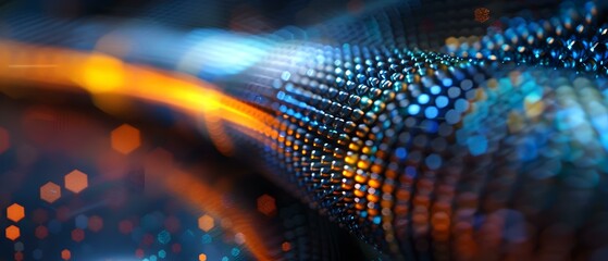 Abstract vibrant texture with shimmering bokeh lights and flowing pattern in blue and orange tones for design projects