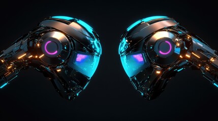 Poster - Two glowing holographic industrial robots mirrored on a black gradient background, symbolizing digital twin advancements. Ample clean copy space.