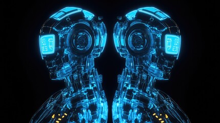 Poster - Two glowing holographic industrial robots mirrored on a black gradient background, symbolizing digital twin advancements. Ample clean copy space.