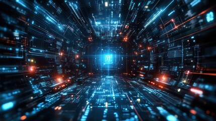 Fototapete - Futuristic digital tunnel with glowing lines and data streams.