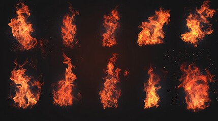 Poster - Fire collection. Realistic Fire Flames white without background. Burning red wildfire flames set, burn bonfire silhouette and blazing fiery spurts of flame PNG white