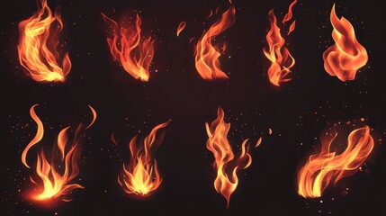 Poster - Fire collection. Realistic Fire Flames white without background. Burning red wildfire flames set, burn bonfire silhouette and blazing fiery spurts of flame PNG white