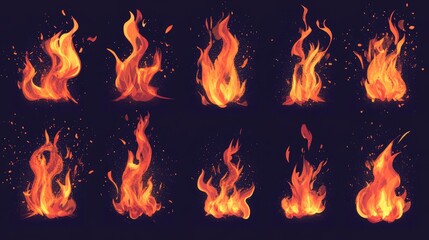 Poster - Fire collection. Realistic Fire Flames white without background. Burning red wildfire flames set, burn bonfire silhouette and blazing fiery spurts of flame PNG white