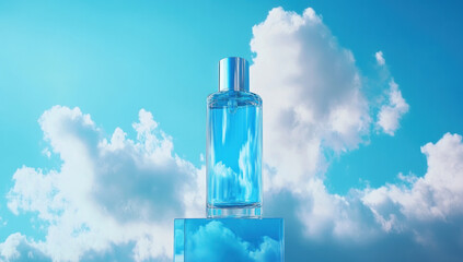 Canvas Print - Perfume bottle reflecting sky on cube.