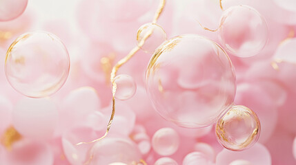 Sticker - Pink and gold bubbles floating in a dreamy, abstract background.