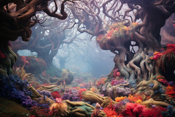 Wall Mural - behold, a captivating vision of a mystical woodland, where ethereal mist dances among intricate of a