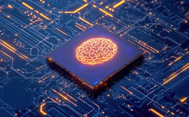 Poster - A blue and orange glowing chip with an AI brain on top, placed in the center of a complex circuit board, creating a striking contrast between technology and creativity. Ideal for tech-related graphics