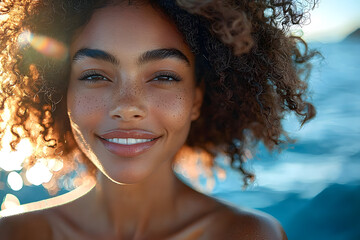 Wall Mural - At sunrise on a sunny summer day, a vibrant and attractive afro-american girl is seen on a luxurious yacht, with a wide-angle view capturing panoramic expanse of sparkling ocean, as she exudes confid