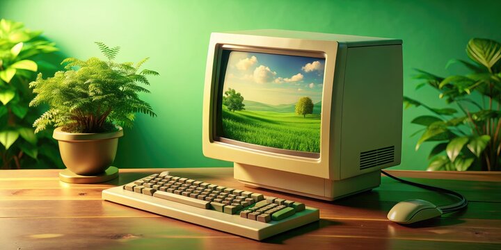 Retro Computer Aerial Photography, Green Background, Vintage Tech