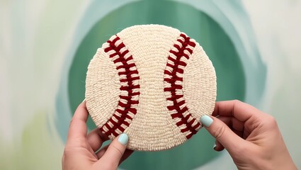 Wall Mural - Crocheted amigurumi baseball icon, knitted fabric handcraft , Cute base ball, cricket banner