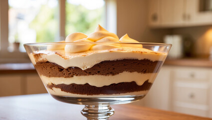 a rich, creamy tiramisu served in a glass dish, with visible layers of coffee soaked cake and mascarpone. The warm, natural light of the morning seeps into a softly blurred kitchen.