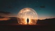 © MakeitEasy - Illuminated sphere encounter desert landscape digital art night sky wide angle surreal exploration