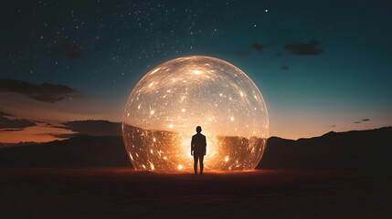 Poster - Illuminated sphere encounter desert landscape digital art night sky wide angle surreal exploration