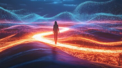Poster - Exploring the neon path digital landscape abstract art virtual environment person's perspective surreal journey