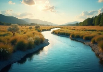 Wall Mural - Serene river winding through golden grasslands under a blue sky with soft clouds