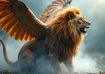 Majestic lion with wings soaring through mystical clouds at dawn