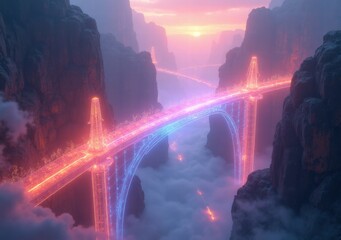 Wall Mural - Vibrant futuristic bridge connecting mountains at sunset in a mystical landscape