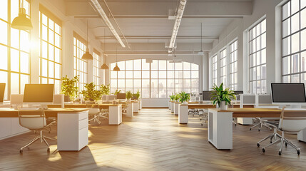 Poster - Modern Bright Office Interior with Large Windows, Natural Light, Green Plants, and Stylish Furniture